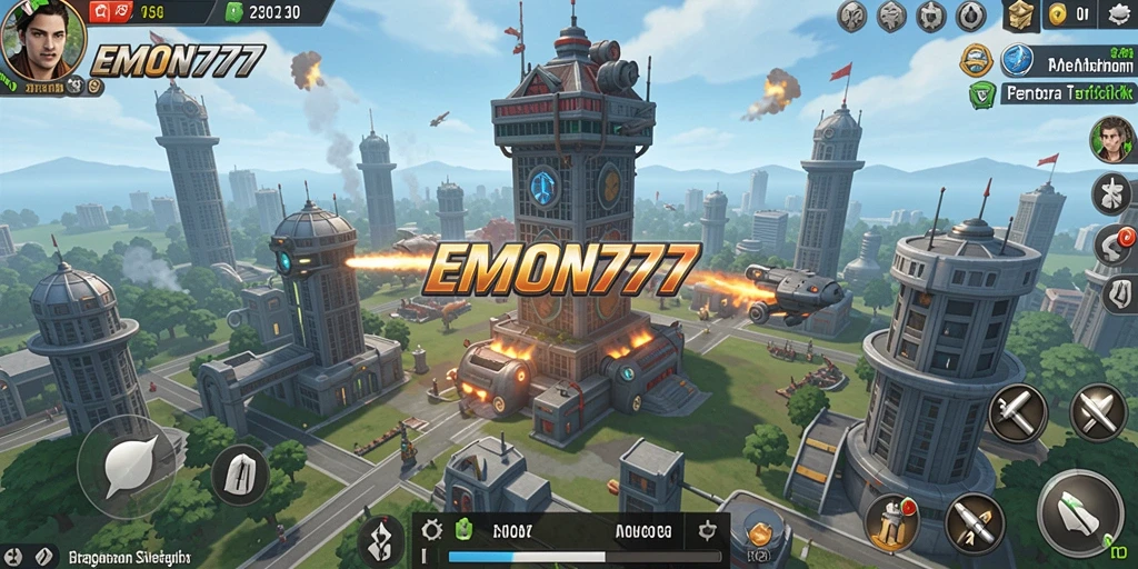Screenshot utama EMON777 menampilkan aksi pertahanan menara yang seru.