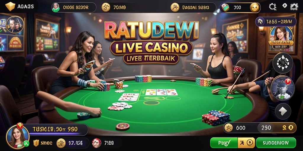 Screenshot gameplay RATUDEWI menampilkan dealer langsung dan pemain yang sedang berinteraksi.
